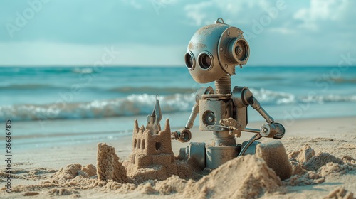 Vintage robot building a sandcastle on the beach