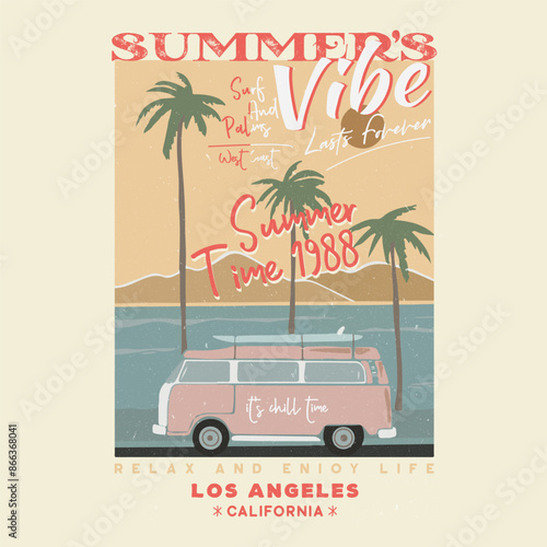 Beach club. Los Angeles city in California. Good vibes vintage vector design. Holliday road trip by vehicle. California surfing club vector artwork for apparel, stickers, background and other.