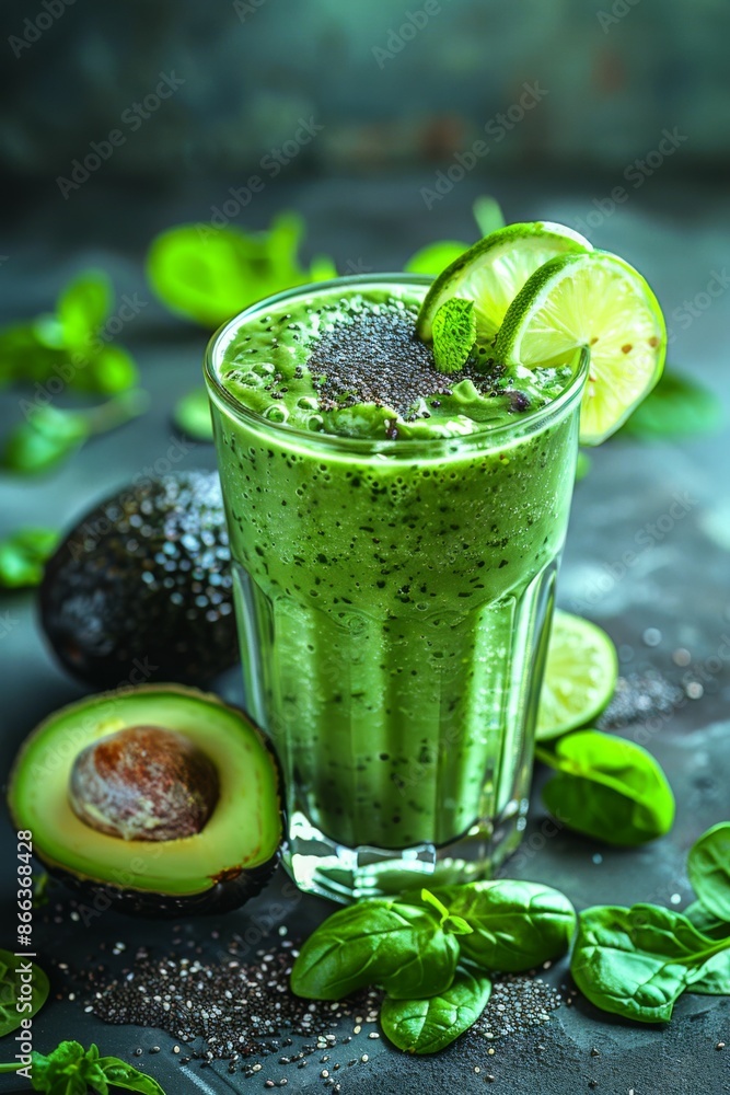 Green Detox Smoothie: A tall glass of green smoothie with spinach, kale, and avocado, garnished with a slice of lime and chia seeds. Green Detox Smoothie: A tall glass of green smoothie with spinach, kale, and avocado, garnished with a slice of lime and chia seeds.