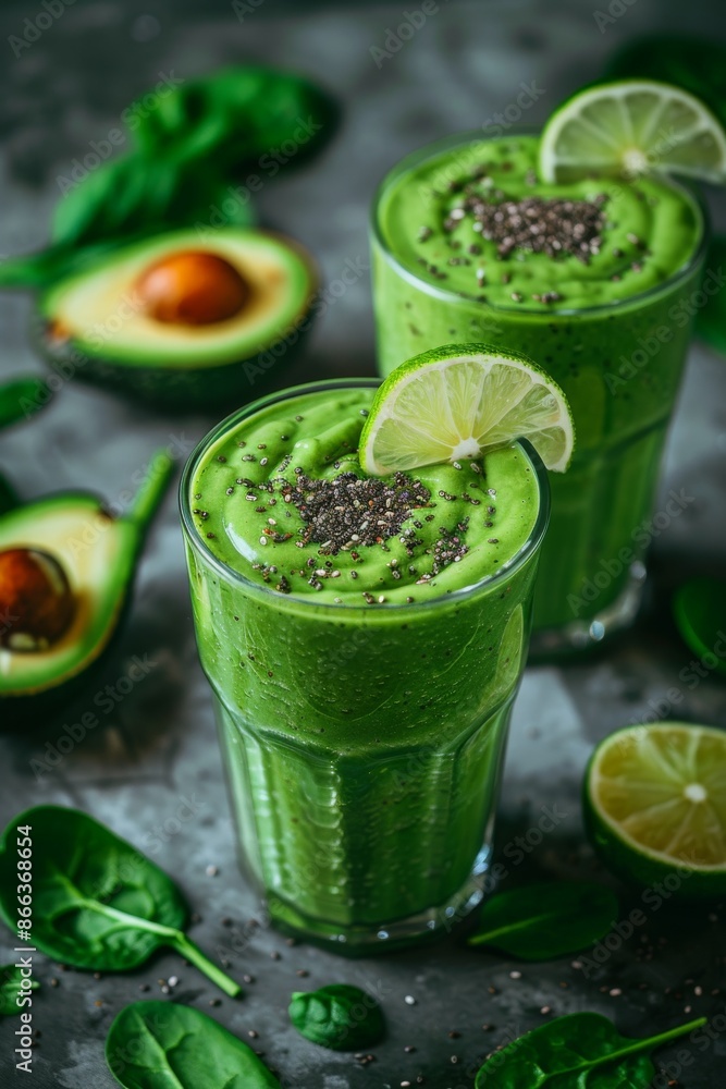 Green Detox Smoothie: A tall glass of green smoothie with spinach, kale, and avocado, garnished with a slice of lime and chia seeds. Green Detox Smoothie: A tall glass of green smoothie with spinach, kale, and avocado, garnished with a slice of lime and chia seeds.