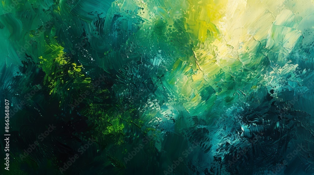 Obraz premium Abstract green and yellow painting with brushstrokes and textures, creating a deep and atmospheric landscape. 
