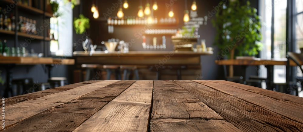 Wooden table in the background of a cafe, coffee shop, or bar - suitable for showcasing or presenting your products Wooden table in the background of a cafe, coffee shop, or bar - suitable for showcasing or presenting your products