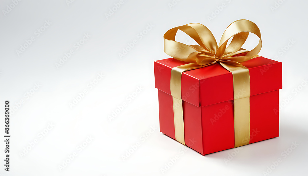 Obraz premium A single red gift box with a gold ribbon, perfect for representing holidays, birthdays, celebrations, or special occasions. Ideal for websites, ads, or social media posts promoting gifts, products, or
