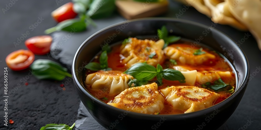Spicy Nepalese dumpling soup with fried gyoza in tomato seasoned broth. Concept Nepalese Cuisine, Spicy Dumplings, Gyoza Soup, Tomato Broth, Flavorful Ingredients Spicy Nepalese dumpling soup with fried gyoza in tomato seasoned broth. Concept Nepalese Cuisine, Spicy Dumplings, Gyoza Soup, Tomato Broth, Flavorful Ingredients