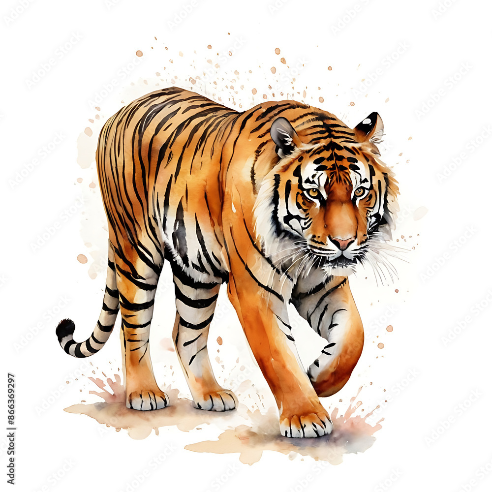 Obraz premium Watercolor painting of a majestic tiger, capturing its strength and beauty. Ideal for wildlife enthusiasts, nature lovers, or designs celebrating this iconic animal.