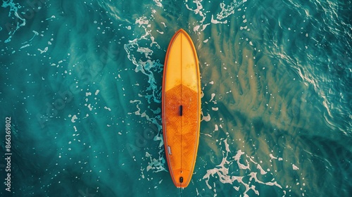 Aerial top view of surf board on the sea beach, AI generate photo