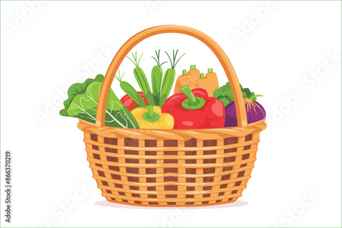 Wicker basket full of fresh vegetables vector illustration. Basket with vegetables. Wicker basket with vegetables isolated on a white background, Flat style cartoon vector illustration.