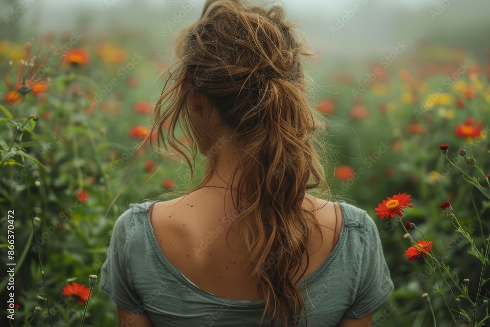 A woman with tousled hair from behind stands in a vibrant field of flowers, showcasing the beauty of a natural and serene environment full of colors and life. A woman with tousled hair from behind stands in a vibrant field of flowers, showcasing the beauty of a natural and serene environment full of colors and life.
