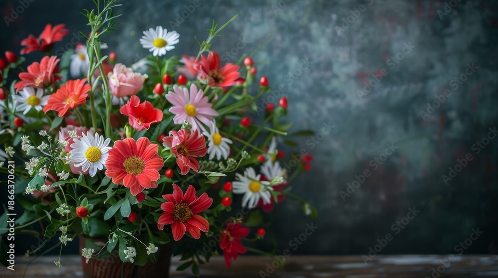 Beautiful bouquet of vibrant pink, orange, red and white flowers in a clay pot. Summer floral arrangement on rustic wooden table with dark background. Beautiful bouquet of vibrant pink, orange, red and white flowers in a clay pot. Summer floral arrangement on rustic wooden table with dark background.