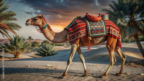 A camel is walking alone on the desert