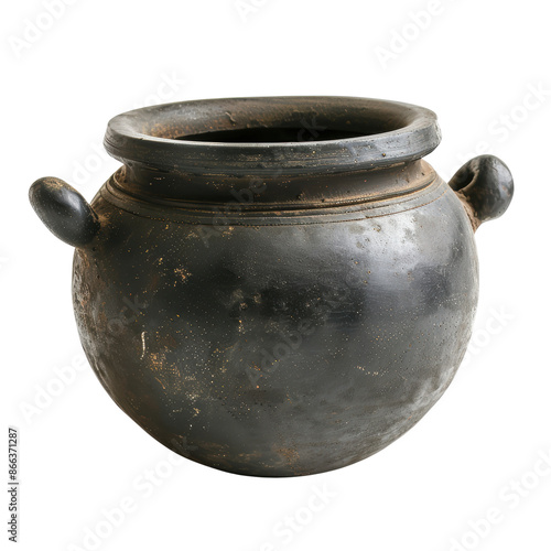 A vintage black ceramic pot with two handles, perfect for rustic decor or historical displays. Shows signs of age and wear for an authentic look. © narak0rn