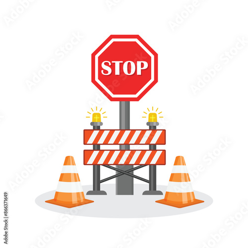 Stop traffic road barrier icon in flat style. Roadwork vector illustration on isolated background. Safety barricade sign business concept.