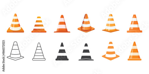 Traffic cone icon set in flat style. Safety obstacle vector illustration on isolated background. Construction barrier sign business concept.