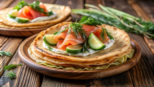 Thin pancakes or crepes with smoked salmon, cream cheese, cucumber and dill on a dark wooden background. Selective focus.