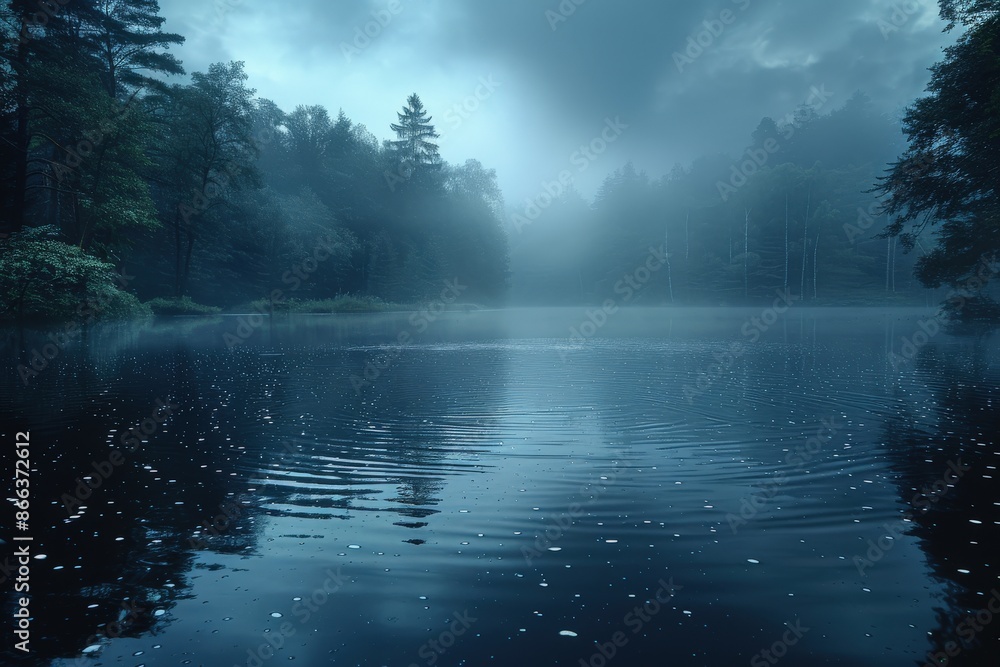 A serene lake nestled within a dense forest, enveloped in a misty ambiance, reflecting the cloudy skies above as ripples gently form on its surface. Ideal for calmness.