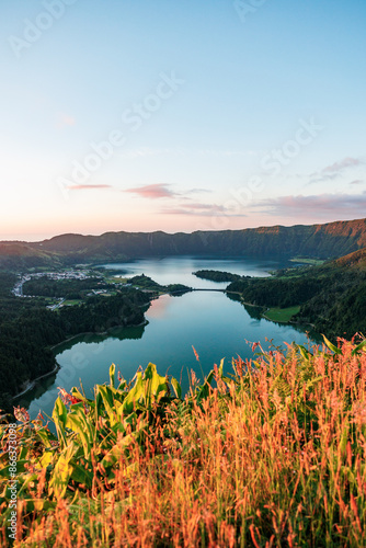 Sete Cidades twin lake, sunset mood, Azores islands, travel in Portugal. photo