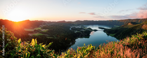 Sete Cidades twin lake, sunset mood, Azores islands, travel in Portugal. photo