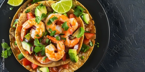 Delicious Avocado Shrimp Tostada A Flavorful Mexican Dish with a Crispy Tortilla Base. Concept Mexican Cuisine, Avocado Recipes, Seafood Dishes, Tostada Toppings, Flavorful Appetizers,