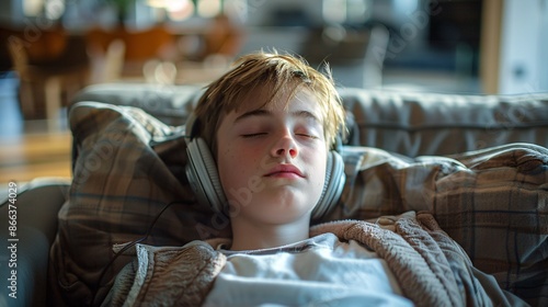 Young Boy Sleeping On Couch With Headphones photo