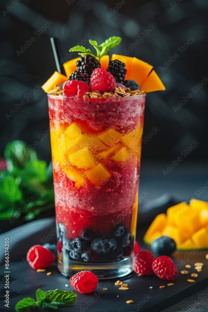 Layered Smoothie: A healthy fresh layered smoothie in a glass, with layers of berry, mango, topped with granola and fresh fruit. Vitamins, fitness drink, health food. Layered Smoothie: A healthy fresh layered smoothie in a glass, with layers of berry, mango, topped with granola and fresh fruit. Vitamins, fitness drink, health food.
