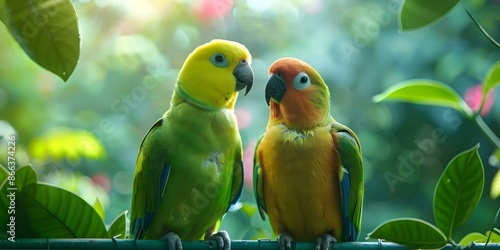 Two parrots sharing a cage. Concept Parrots, Birds, Animal Behavior, Pets photo