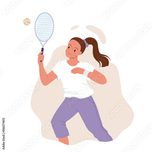 Tennis workout of girl in sportswear. Young woman training with racket and ball, sport action of female player and athlete holding equipment to play on tennis tournament cartoon vector illustration
