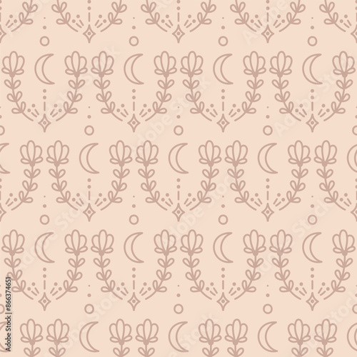 Vector mystic floral seamless pattern in pastel colors. Moon and stylized flowers. Print for fabric, textile, card, invitation or wallpapers.