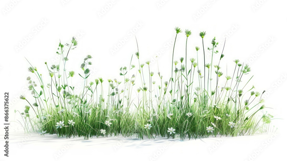 Fototapeta premium Illustration of green flowers and grass in realistic art style,
