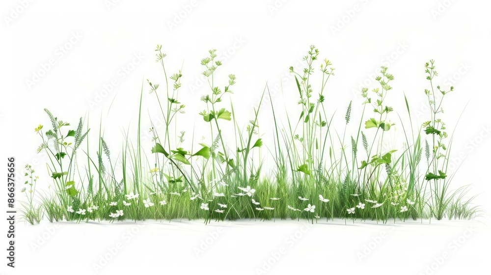 Fototapeta premium Illustration of green flowers and grass in realistic art style,