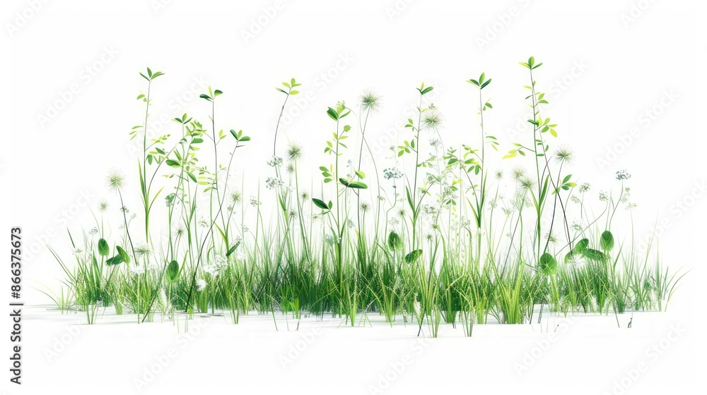 Fototapeta premium Illustration of green flowers and grass in realistic art style,