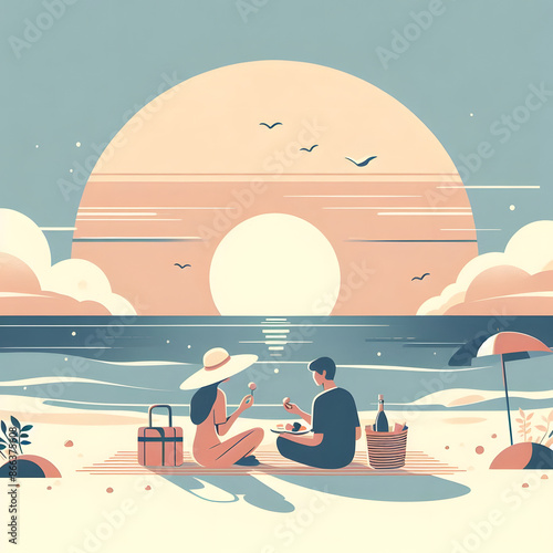 minimalist illustration different colors max circle soft style couple enjoying beach picnic photo