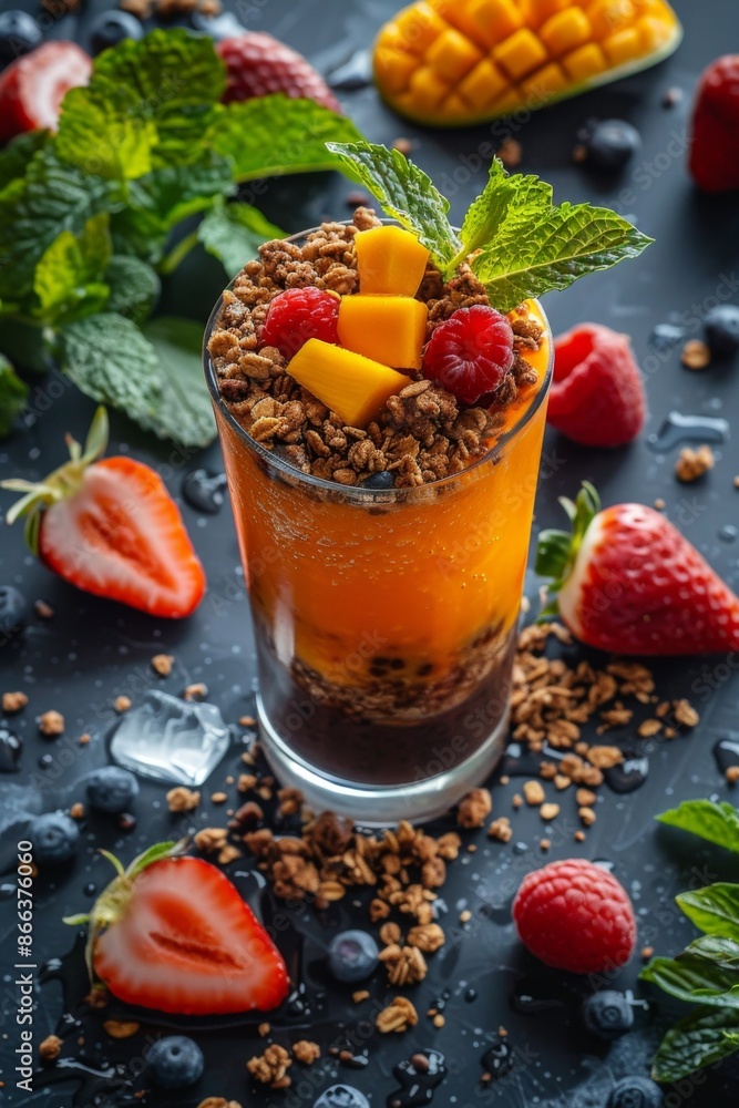 Layered Smoothie: A healthy fresh layered smoothie in a glass, with layers of berry, mango, topped with granola and fresh fruit. Vitamins, fitness drink, health food. Layered Smoothie: A healthy fresh layered smoothie in a glass, with layers of berry, mango, topped with granola and fresh fruit. Vitamins, fitness drink, health food.