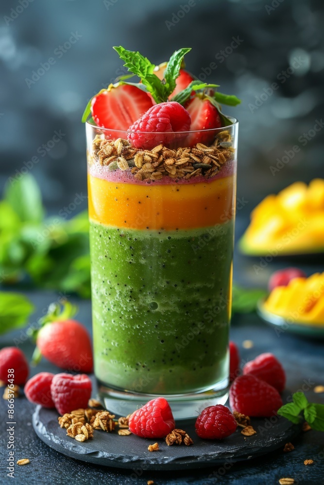 Layered Smoothie: A healthy fresh layered smoothie in a glass, with layers of berry, mango, topped with granola and fresh fruit. Vitamins, fitness drink, health food. Layered Smoothie: A healthy fresh layered smoothie in a glass, with layers of berry, mango, topped with granola and fresh fruit. Vitamins, fitness drink, health food.