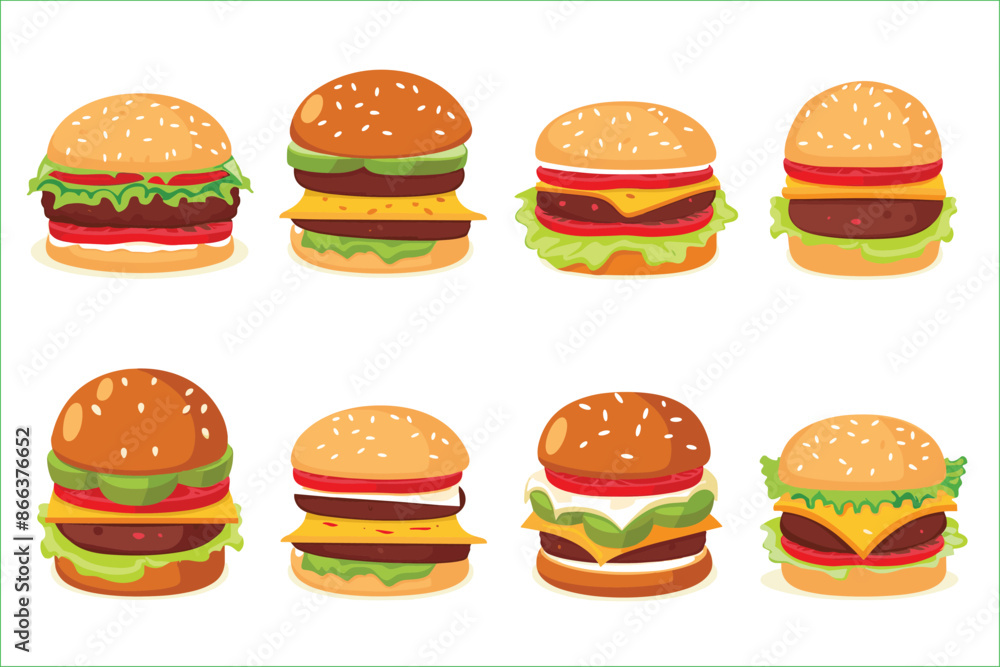 Set of delicious burger isolated on a white background, Flat style cartoon vector illustration. Fast Food. hamburger with bacon vector flat minimalistic illustration. Delicious hamburger icons.
Set of delicious burger isolated on a white background, Flat style cartoon vector illustration. Fast Food. hamburger with bacon vector flat minimalistic illustration. Delicious hamburger icons.
