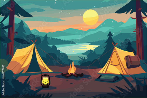 Nature camp landscape with tents, campfire, backpack, and lantern cartoon illustration. Camping concept art. Flat style illustration of beautiful landscape, mountains, forest, tent, and a campfire. 