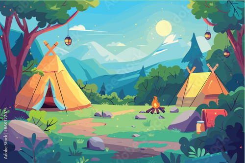 Nature camp landscape with tents, campfire, backpack, and lantern cartoon illustration. Camping concept art. Flat style illustration of beautiful landscape, mountains, forest, tent, and a campfire. 