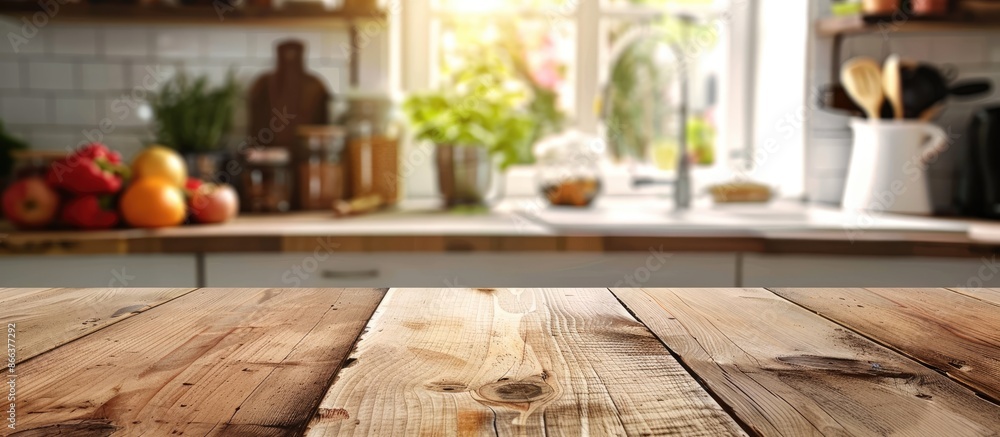 Copy space available on a blurred kitchen accessories background with an empty wooden table Copy space available on a blurred kitchen accessories background with an empty wooden table