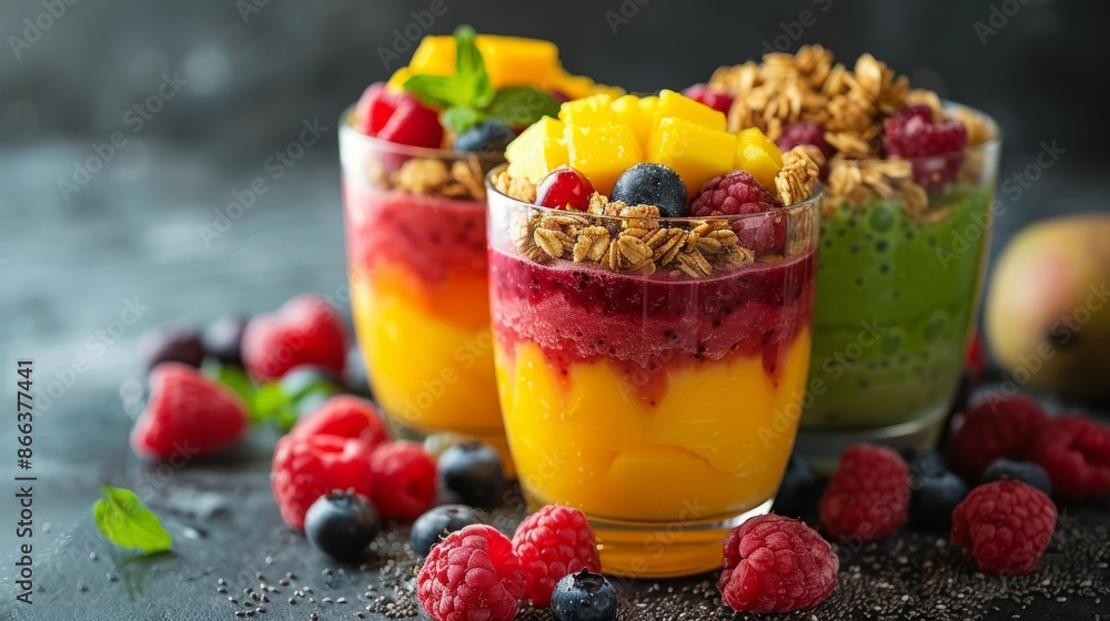 Layered Smoothie: A healthy fresh layered smoothie in a glass, with layers of berry, mango, topped with granola and fresh fruit. Vitamins, fitness drink, health food. Layered Smoothie: A healthy fresh layered smoothie in a glass, with layers of berry, mango, topped with granola and fresh fruit. Vitamins, fitness drink, health food.