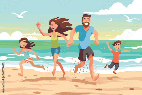 Happy family running on beach, Flat style cartoon vector illustration. Happy Family on beach. Summer family. Enjoying Family Life on beach. 
