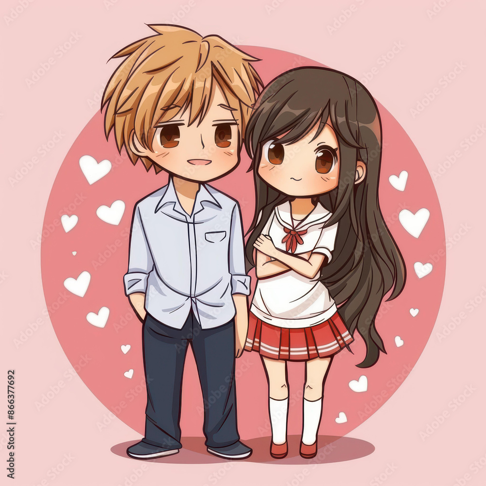 Adorable chibi anime couple on a romantic date kawaii style illustration in pastel colors. Adorable chibi anime couple on a romantic date kawaii style illustration in pastel colors.
