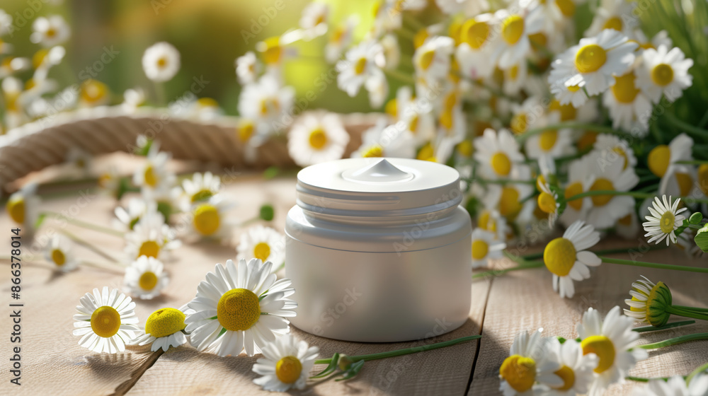 Natural Chamomile Extract Cream with Floral Chamomile Blossoms in Tranquil Garden Setting Natural Chamomile Extract Cream with Floral Chamomile Blossoms in Tranquil Garden Setting