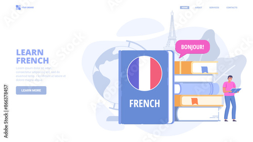 Learn French language online, foreign language courses, self education. Design concept for landing page. Flat vector illustration with tiny characters for website, print, banner.