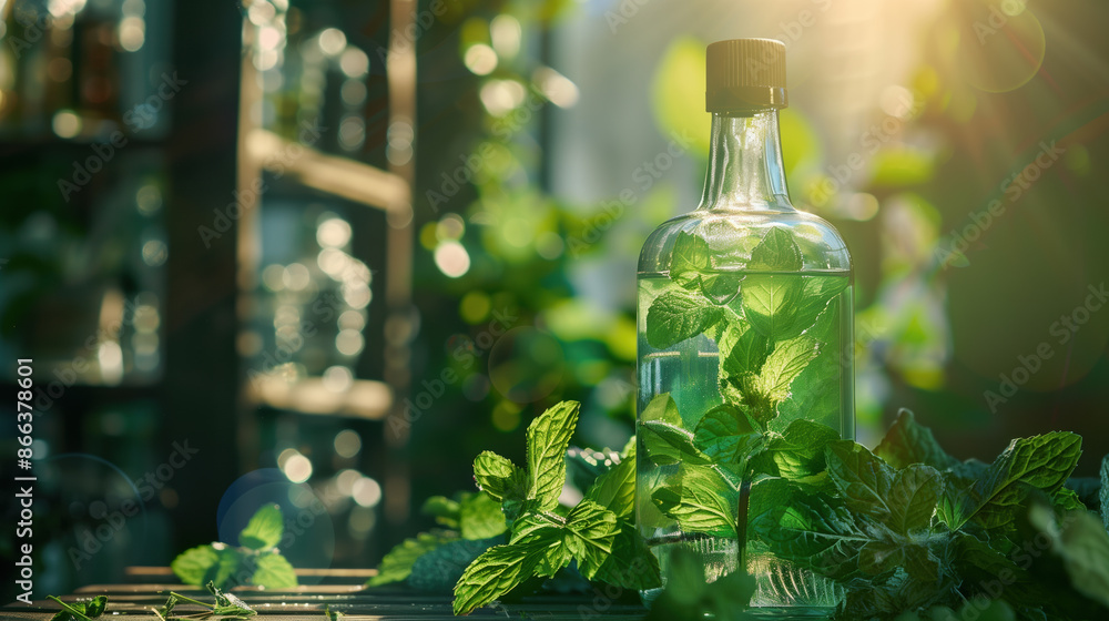 Fresh Mint Extract in Clear Bottle with Mint Leaves in a Chilled Setting Fresh Mint Extract in Clear Bottle with Mint Leaves in a Chilled Setting