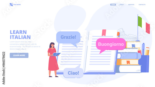 Learn Italian language online, foreign language courses, self education. Design concept for landing page. Flat vector illustration with tiny characters for website, print, banner.