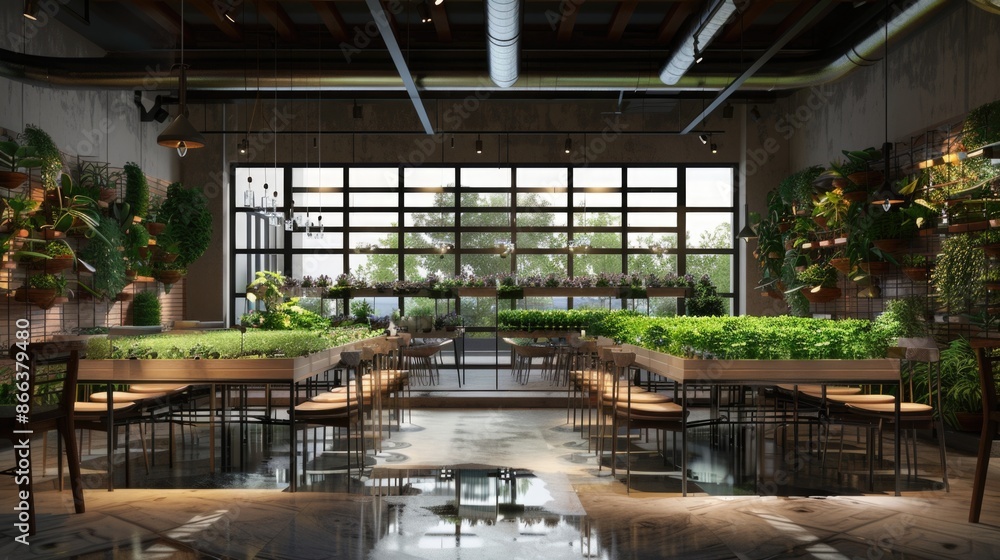 Naklejka premium Modern eco-cafe with hydroponic microgreen growing systems, dining tables and chairs