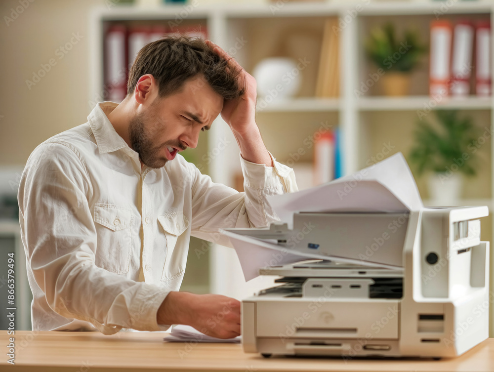 A worker in a white shirt looks frustrated while dealing with a malfunctioning printer, with papers scattered around