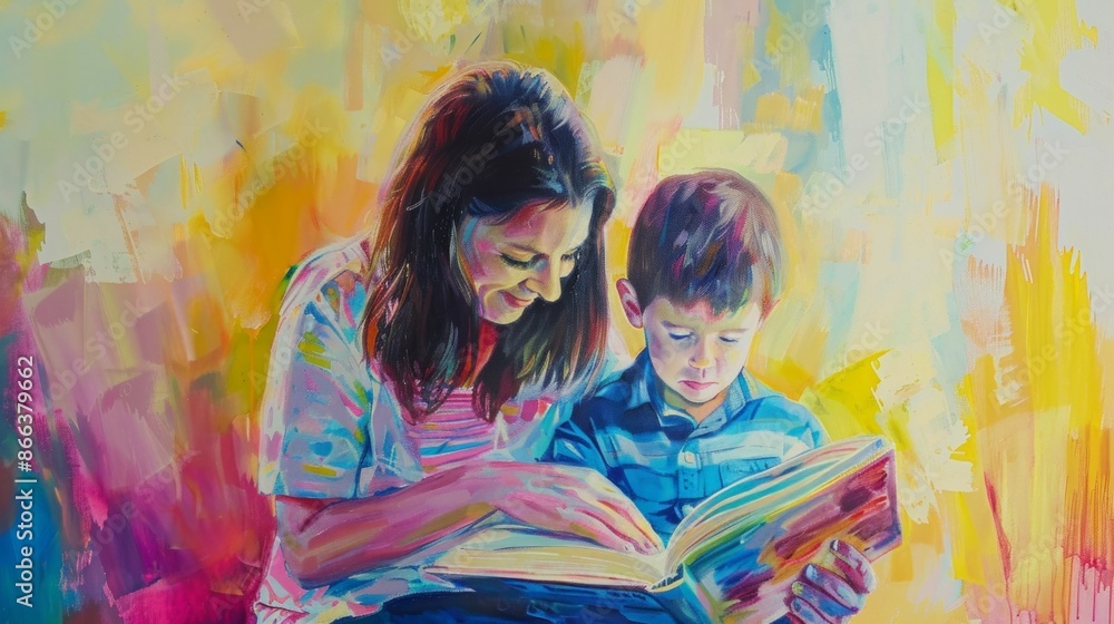 Fototapeta premium woman helping her son with a book