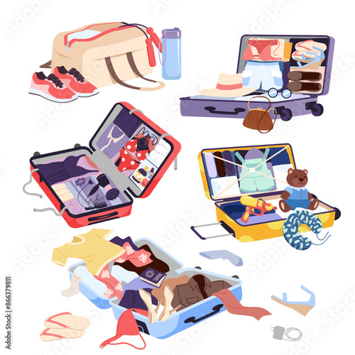Luggage collection with folded clothes and equipment in neat order and scattered in messy pile, family and childish vacation bags cartoon vector illustration. Open travel suitcases and sport bag