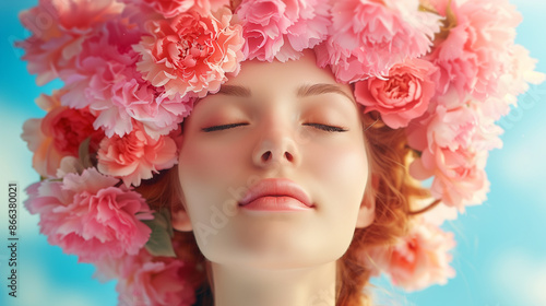 Floral Crown Elegance. A person adorned with a vibrant crown of pink flowers against a soft blue background.