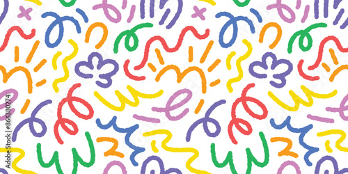 Abstract drawing doodle seamless pattern. Creative squiggle color lines. Trendy colorful background.